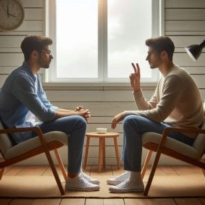 een therapieruimte, de therapeut zit tegenover de cliënt, ze zitten beiden in een zetel, ze zitten d
